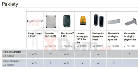 Somfy 1216435 Ixengo L 230V Standard Pack (1 pilot 2-kanałowy Keytis, zestaw fotokomórek)