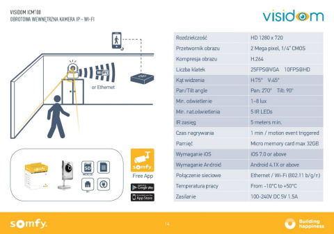 Somfy 2401189 VISIDOM ICM100 kamera WiFi wewnętrzna obrotowa iOS & Android Apps