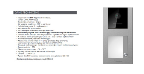 Wideodomofon Vidos z czytnikiem RFID S11-1 M13-XT Wifi TUYA