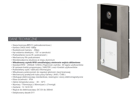 Zestaw wideodomofonowy Vidos czytnik RFID S11-1 monitor M11W
