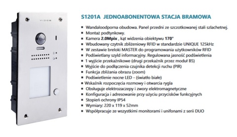 Zestaw Wideodomofon Vidos z czytnikiem RFID S1201A monitor M1023W2