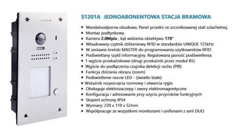 Zestaw Wideodomofon Vidos z czytnikiem RFID S1201A monitor M1023B2