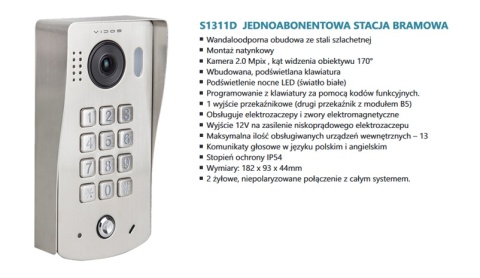 Zestaw Wideodomofon Vidos z szyfratorem S1311D monitor M1022W2