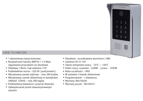 Wideodomofon Vidos z szyfratorem i czytnikiem RFID S20DA i monitorem M670B