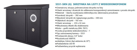 Zestaw jednorodzinny wideodomofonu. Skrzynka na listy z wideodomofonem. Monitor 4,3'' S551-SKN_M904S