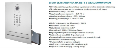 Zestaw jednorodzinny wideodomofonu. Skrzynka na listy z wideodomofonem i szyfratorem . Monitor 7'' S561D-SKM_M670W