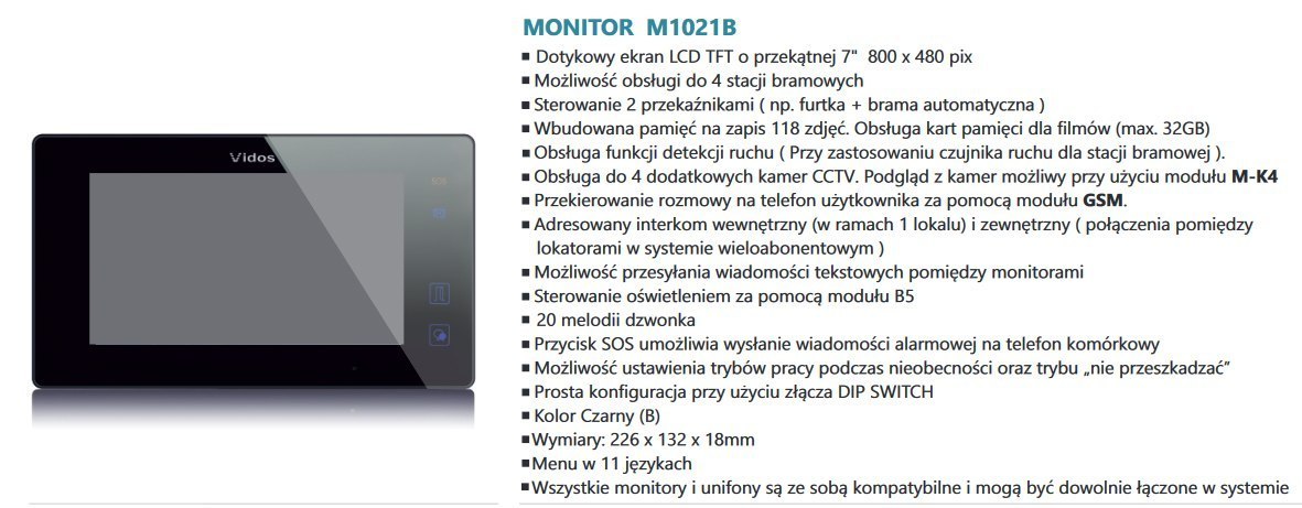Zestaw jednorodzinny wideodomofonu VIDOS. Słupek z wideodomofonem. Monitor 7'' S1201-SP_M1021B
