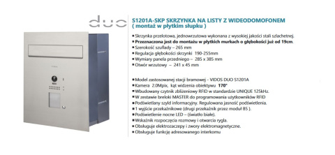 Zestaw Cyfrowy Vidos S1201-SKP Skrzynka na listy z wideodomofonem i czytnikiem kart, M1021B Monitor 7'' wideodomofonu