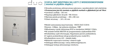 Zestaw Cyfrowy Vidos S1201-SKP Skrzynka na listy z wideodomofonem i czytnikiem kart, M1022B Monitor 4.3'' wideodomofonu