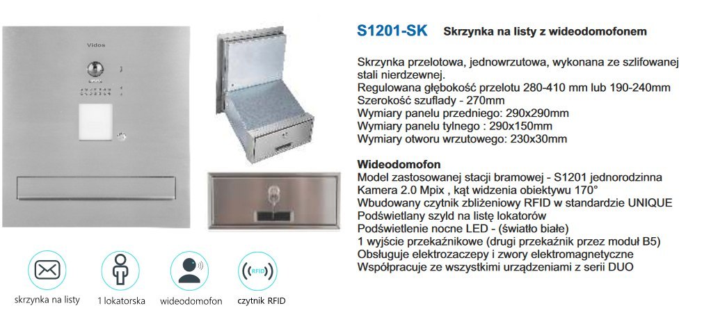 Zestaw Vidos S1201-SK Skrzynka na listy z wideodomofonem i czytnikiem kart, M1022B Monitor 4'' wideodomofonu Zestaw Vidos S1201-SK Skrzynka na listy z wideodomofonem i czytnikiem kart, M1022B Monitor 4'' wideodomofonu