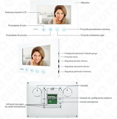 MONITOR ''Eura Connect'' VDA-06A3 CZARNY kolor 7'' pamięć wewnętrzna otwieranie 2 wyjść