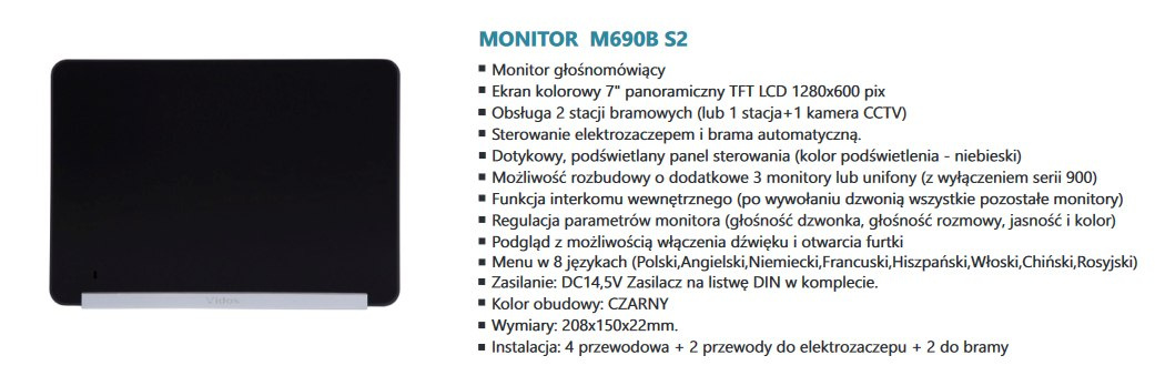 Zestaw Wideodomofonu Vidos stacja bramowa z czytnikiem linii papilarnych monitor 7'' S561Z_M690BS2