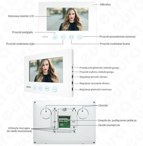 MONITOR ''EURA'' VDA-40A3 WHITE - ekran 7'', otwieranie 2 wejść, moduł WiFi