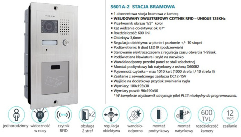 Stacja bramowa wideodomofonu z czytnikiem RFID S601A-2