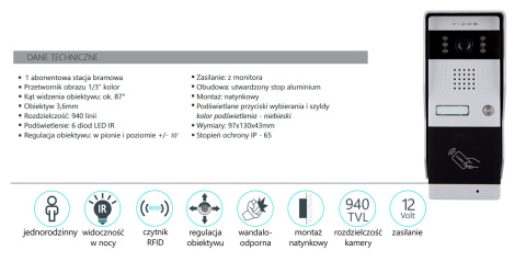 Zestaw wideodomofonu natynkowego z czytnikiem RFID Vidos S50A M670B