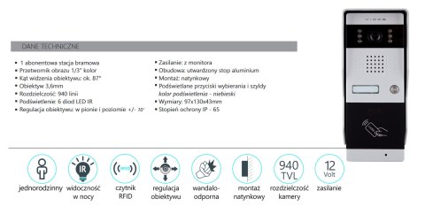 Zestaw wideodomofonu natynkowego z czytnikiem RFID Vidos S50A M903FH