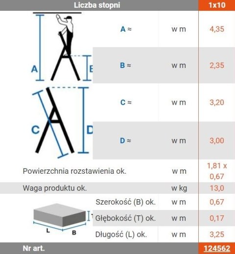 DRABINA ALUMINIOWA WOLNOSTOJĄCA STABILO 10 SZCZEBLI