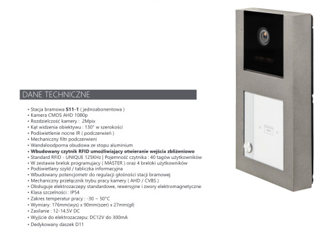 Wideodomofon Vidos WiFi z czytnikiem RFID Vidos S11-1 M10WX